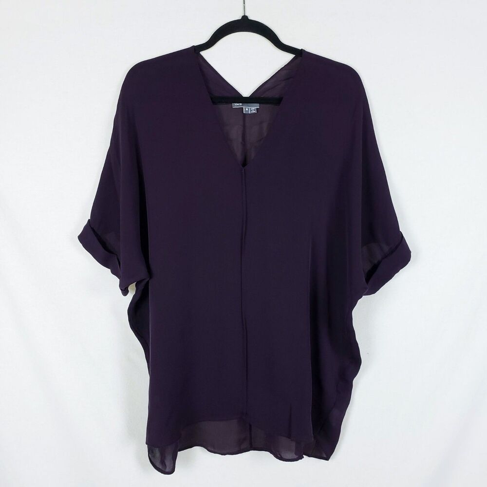 Vince Purple Silk Blouse Womens M Quiet Luxury Minimalist Batwing Sleeve Cuffed